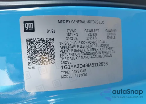 2021 Chevrolet Corvette Stingray Rwd 1Lt z USA, uszkodzony, nr VIN 1G1YA2D49M5112936